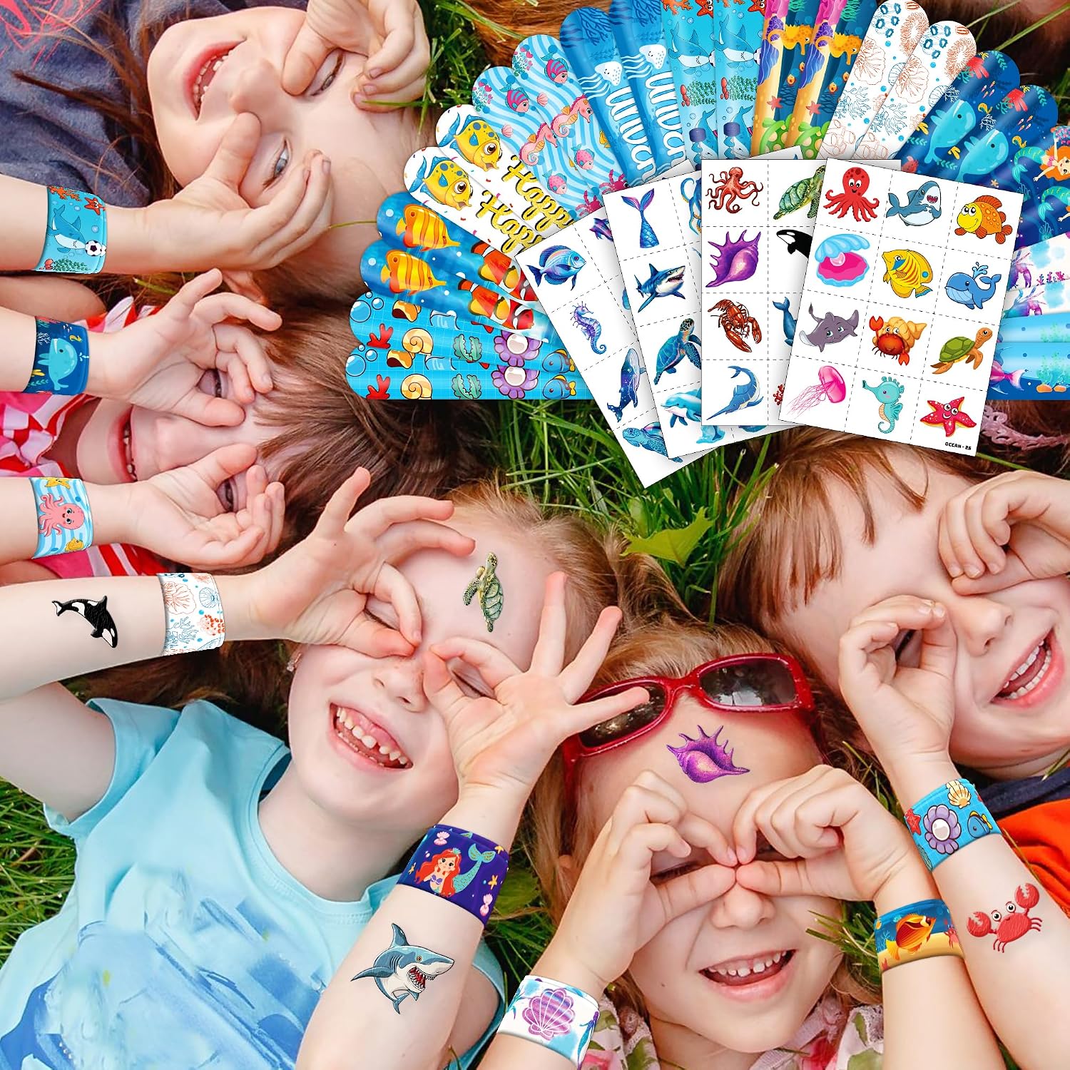 72PCS Ocean Animal Party Favors Tattoos & Snap Slap Bracelets Decorations