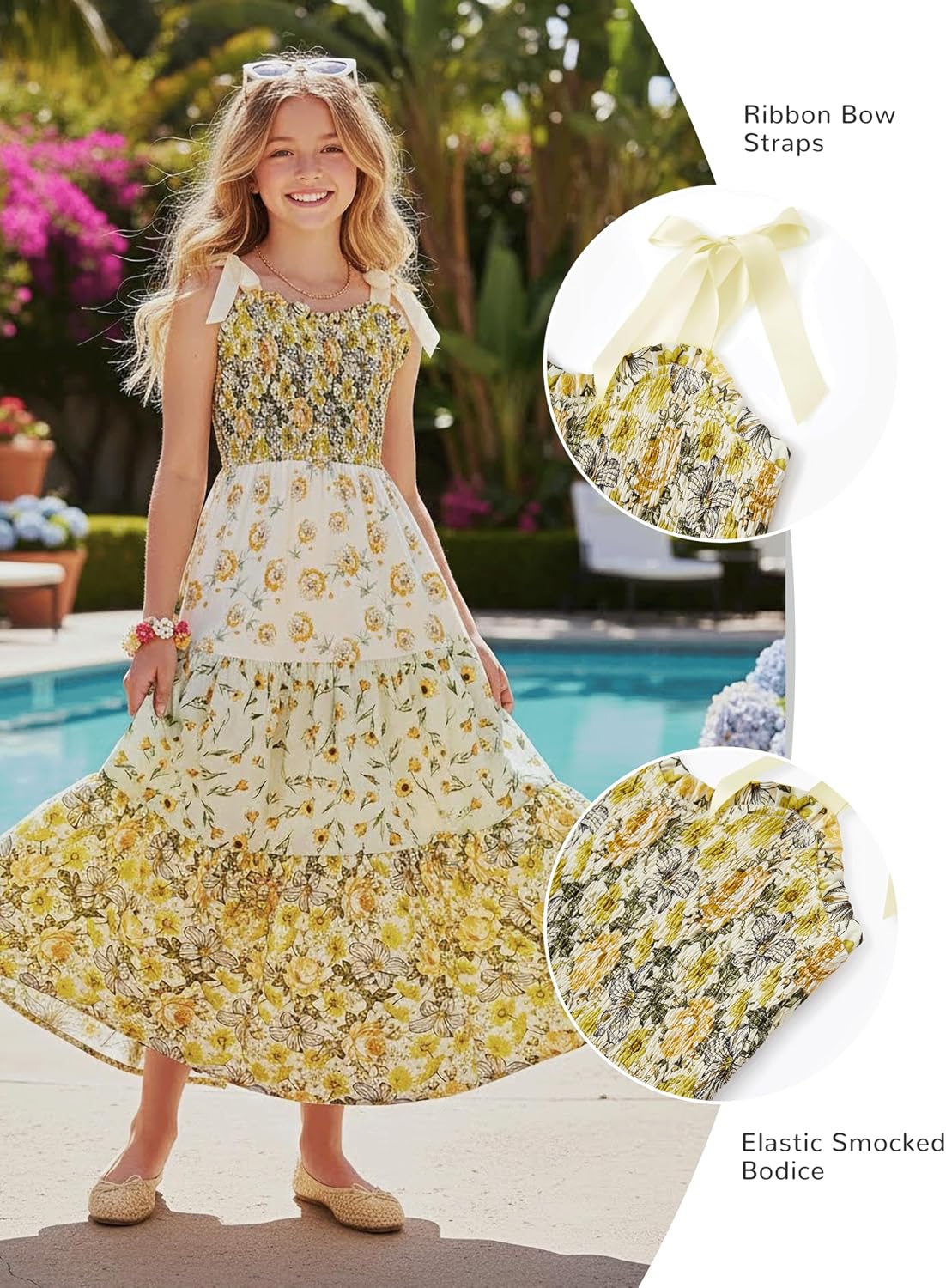 Sunny Spirit Girls Maxi Dress Tween Girl Summer Spring Easter Floral Boho Smocked Patchwork Bow Strap Sundress 5-14 Years