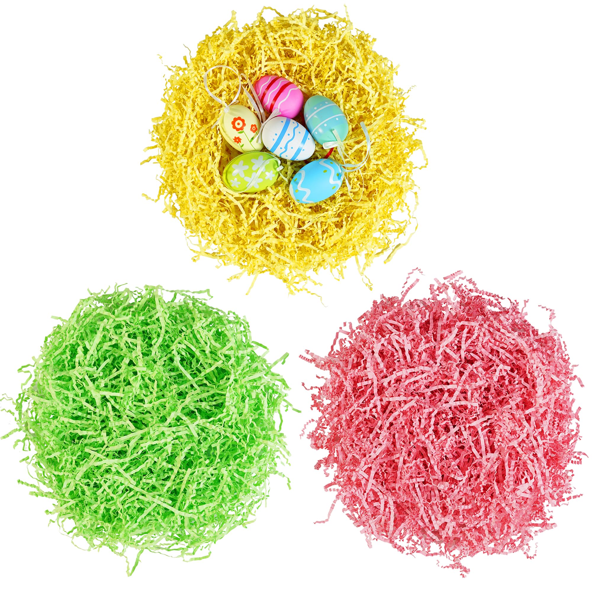 Bobobag - 1LB Easter Crinkle Cut Paper Shred Filler Recyclable Gift Wrap confetti Raffia Grass Shred Paper for Easter Baskets Filler Creative Eggs Decor (Yellow/Green/Pink)