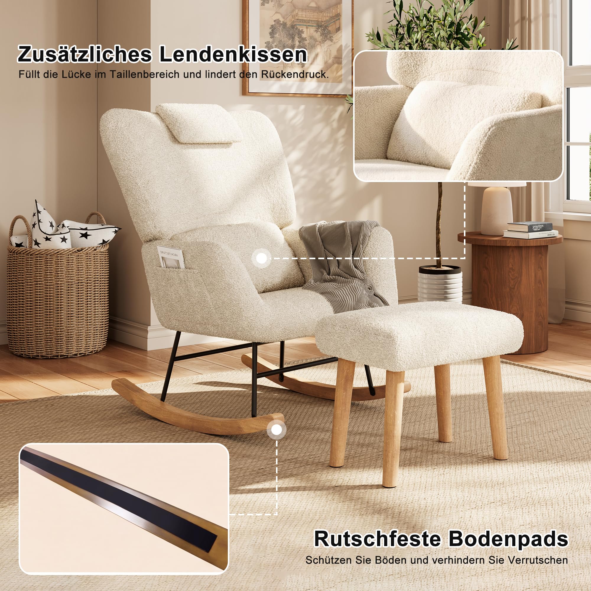 Fotel bujany z taboretem, fotel bujany Sherpa, ergonomiczny fotel do karmienia z poduszką lędźwiową i pod głowę, do salonu, pokoju dziecięcego, do 150 kg (kremowy)