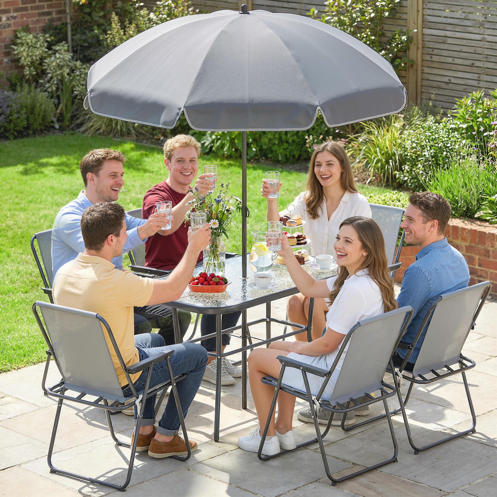 Outsunny Salon de jardin extérieur 8 pièces, table de jardin extérieure avec 6 chaises Pliantes et parasol, plateau en Verre Trempé, structure en acier anti-rouille, mobilier de jardin, terrasse, Gris