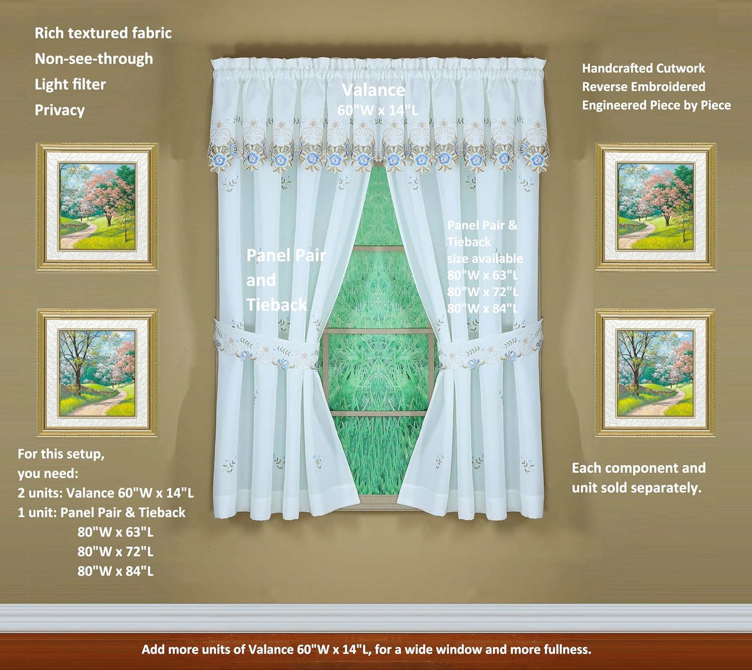Today's Curtain Verona Reverse Embroidery Panel Pair and Tiebacks, 72", White/Blue, 80" W X 72" L