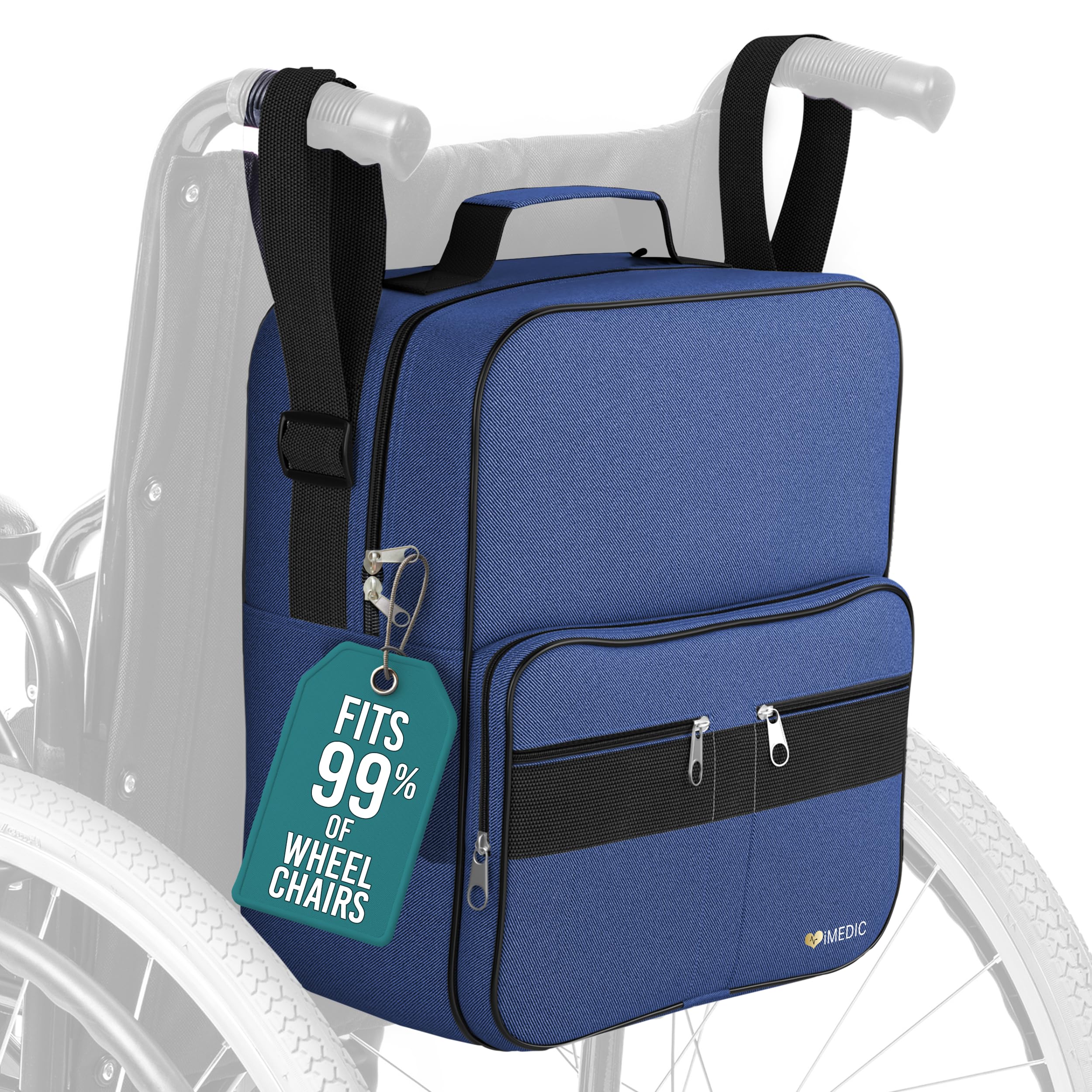 iMedic Deluxe Wheelchair Bag - Wheelchair Backpack – Wheelchair Bags for Back of Chair - Electric Wheelchair Accessories - Wheelchair Storage - Wheelchair & Mobility Scooter Bags & Baskets - Blue