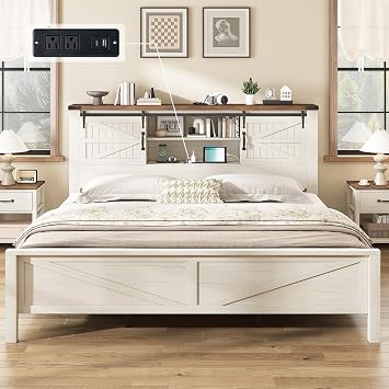 AMERLIFE King Size Farmhouse Platform Bed Frame with Bookcase Storage Headboard, Built-in Power Outlet & USB Ports, Rustic Barn Door Style Wood Bed, No Box Spring Required, Antique White