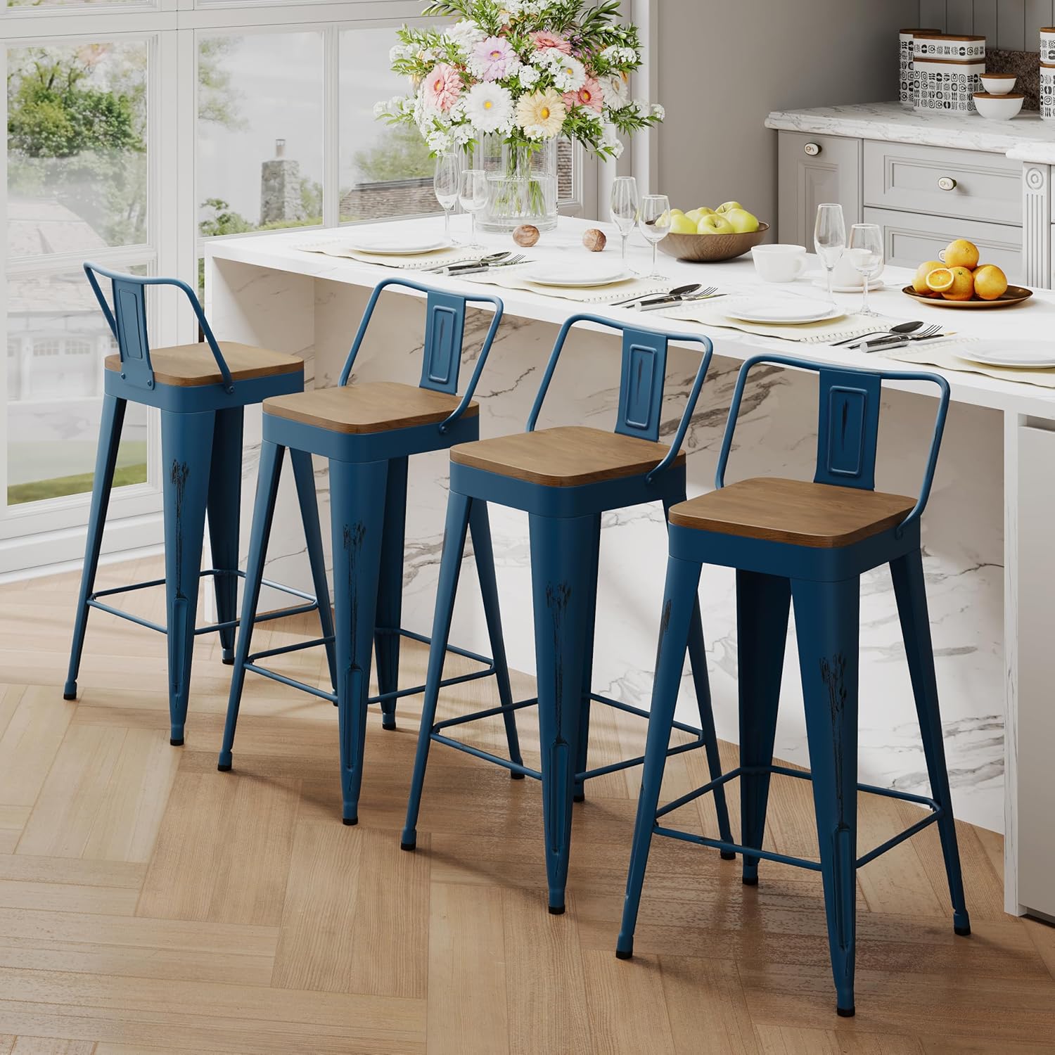 Andeworld Bar Stools Set of 4 Counter Height Stools Industrial Metal Barstools with Wooden Seats(24 Inch, Distressed Navy)