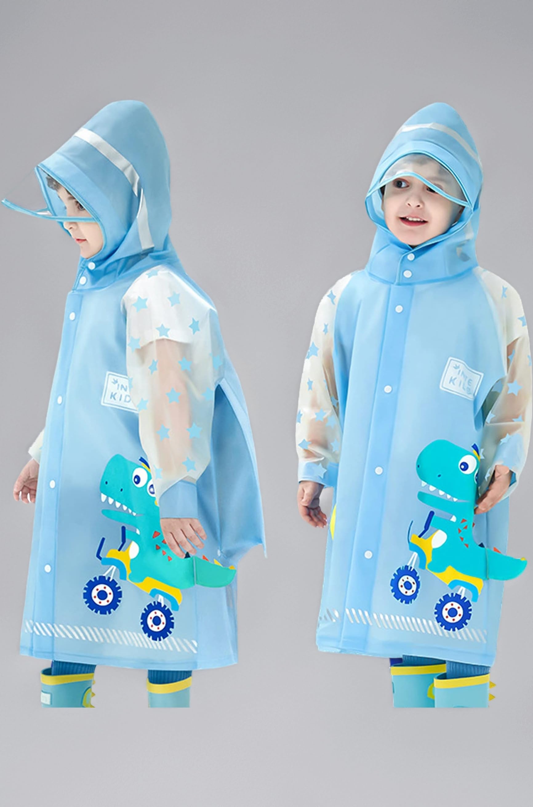 SNOWIE SOFTยฎ Hooded Raincoat for Kids 4-9 Years With Wide Brim, EVA Student Rain Coat for Girls, School Bag Rain Cover, Dinosaur Print, Recommended Height 105-145CM