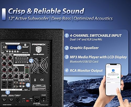 Vista 3 de PRORECK Club 3000 juego de sistema de altavoces PA de DJ de 12 pulgadas con 4000w, con Bluetooth, función de lectura de unidad USB, control remoto