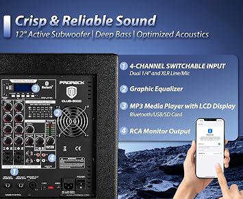 PRORECK Club 3000 12-Inch 4000w DJ Powered PA Speaker System Combo Set with Bluetooth USB Drive Read Function SD Card Remote Control,Two subwoofers and 8 line Array Speakers Set for Church, DJ, Live