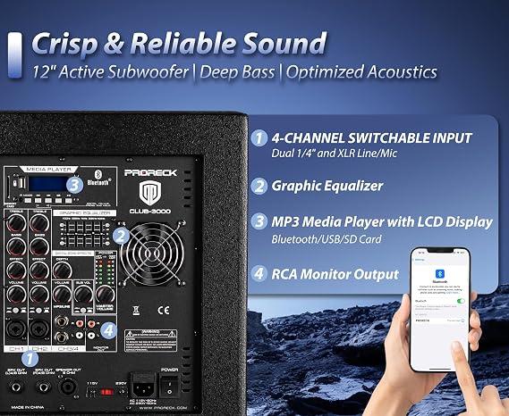 PRORECK Club 3000 12-Inch 4000w DJ Powered PA Speaker System Combo Set with Bluetooth USB Drive Read Function SD Card Remote Control,Two subwoofers and 8 line Array Speakers Set for Church, DJ, Live