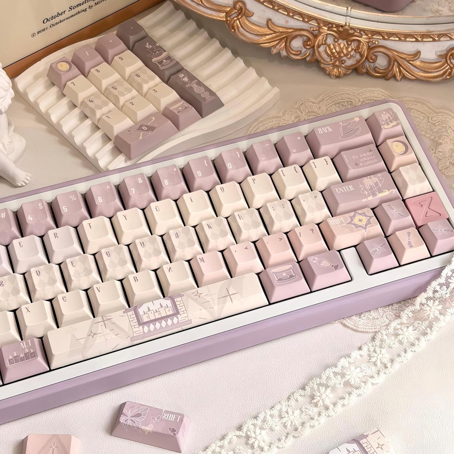 PBT Keycap Set - Cherry Profile Keycaps Magic Theme Purple keycaps 60% 75% 100%, Dye Sub Cute Keyboard caps, 130 Key Custom Key caps for Gateron MX Switches Mechanical Keyboard