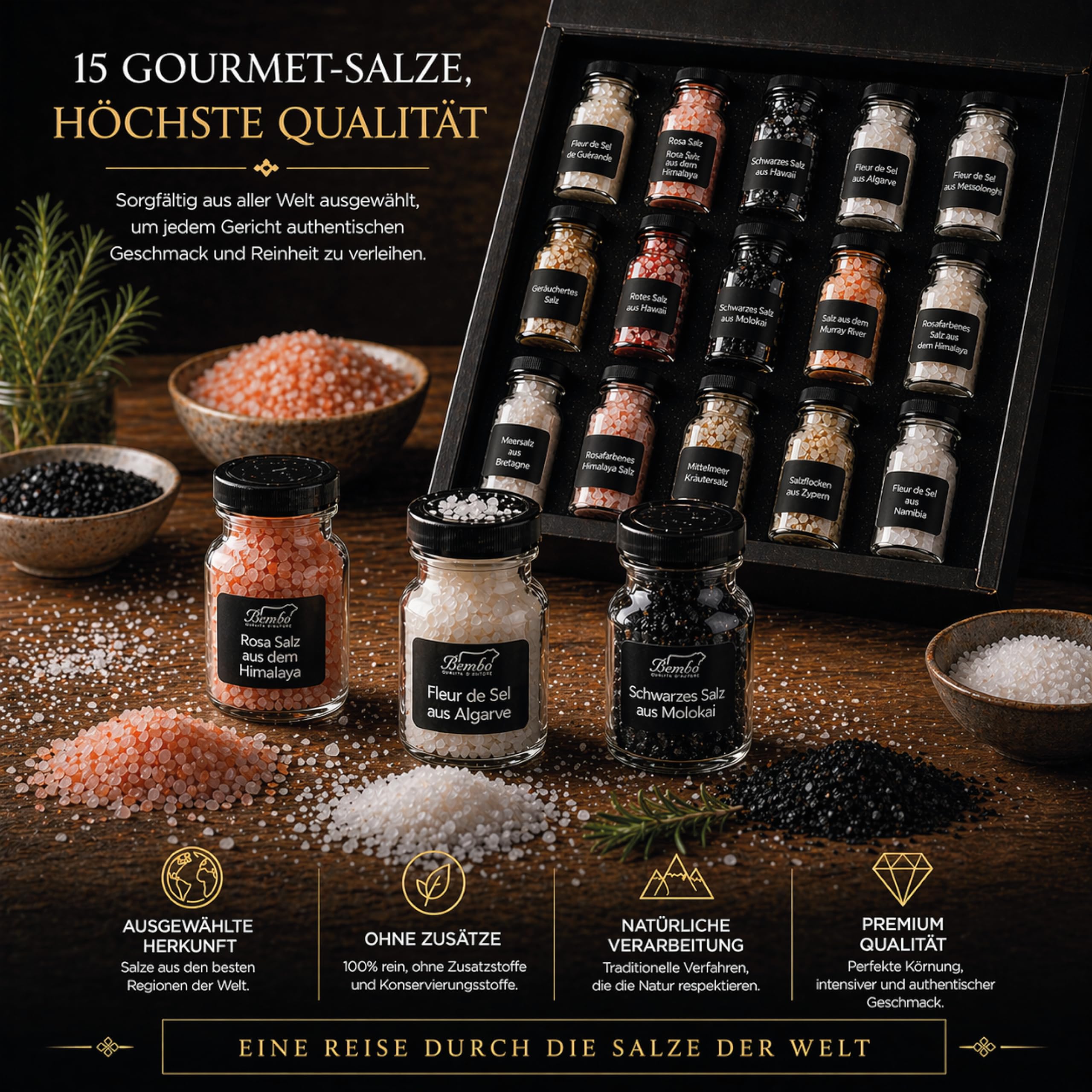 Gourmet Salz Set 15er Bembo – Premium Salz Geschenkset – Seltene Salze aus aller Welt – Gewürz Set Küche