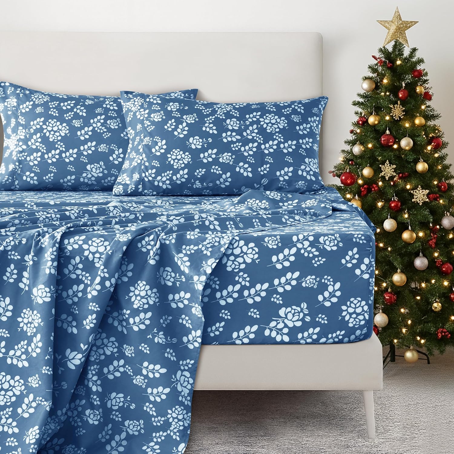 LUX Décor Floral King Sheet Set - 4 Piece Ultra-Soft Microfiber Bed Sheets with Flat Sheet, 16 Inches Deep Pocket Fitted Sheet & Pillowcases, Breathable, Bedroom Decor, Oeko-TEX - Navy Blue - Image 2