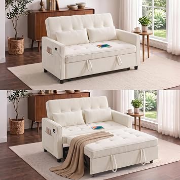 54" Loveseat Sleeper Sofa Bed, Convertible Pull Out Couch, Beige