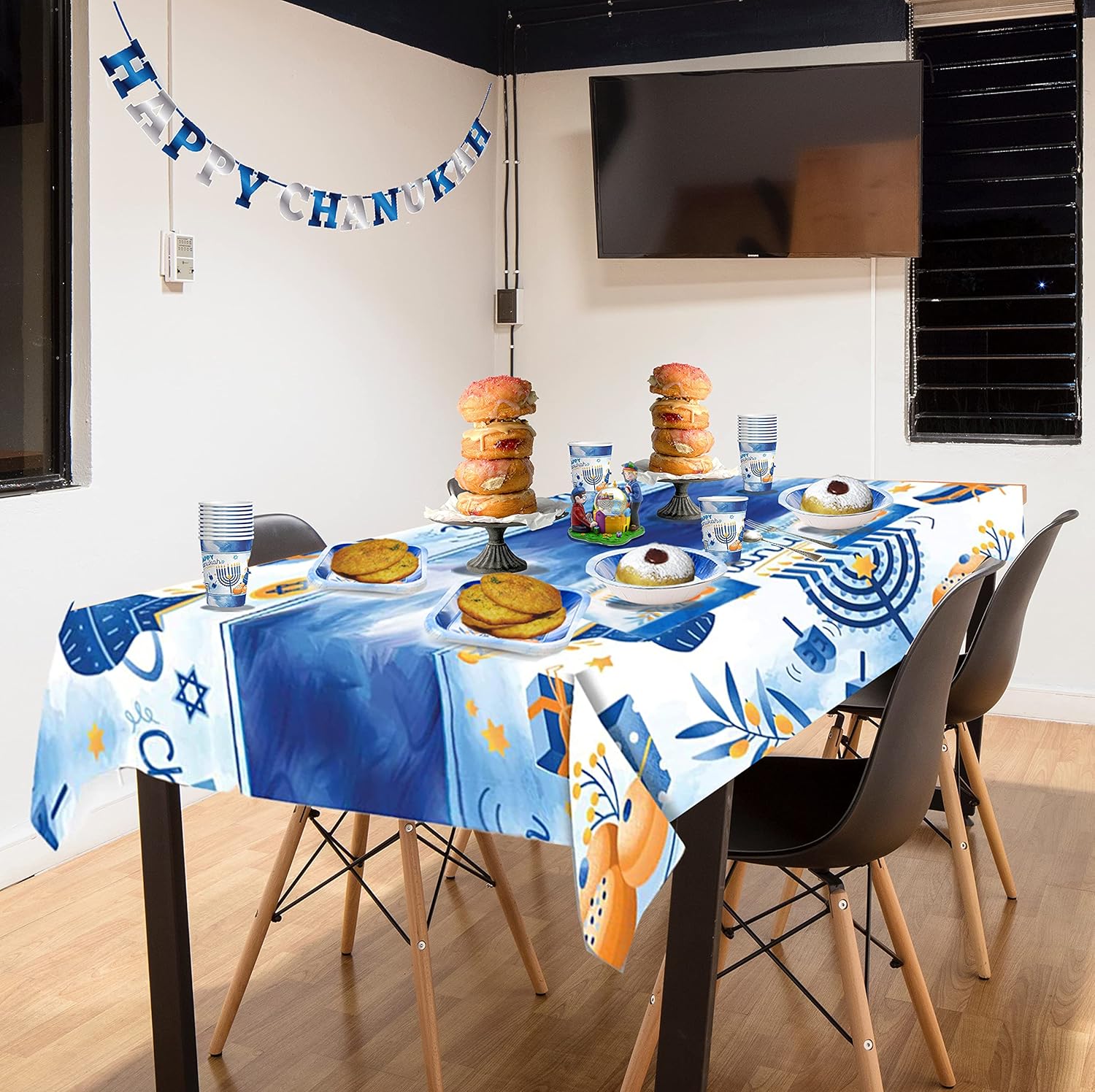 Hanukkah Plates And Napkins Set - Hanukkah Party Set - 7" And 9" Plates, Cups, Napkins and Tablecloth - Serves 20