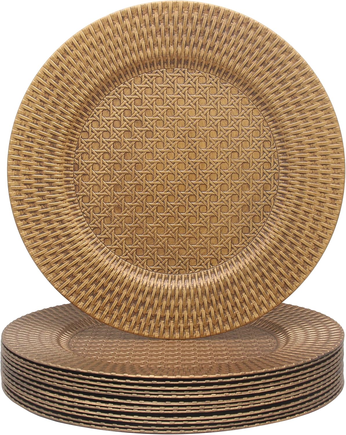 13 Inch Antique Gold Charger Plates Set of 12 Round Plastic Plates Matte Finish Faux Rattan Woven Texture Charger plates for Wedding Party Christmas (537BR)
