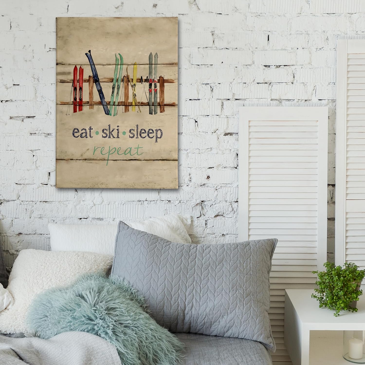 PHAMTE Eat Sleep Ski Repeat Wall Art,Farmhouse Rustic Winter Holiday Sport Ski Sleighs Vintage Print Framed Canvas Painting Artwork Home Bedroom Living Room Skiing Teen Room Cabin Decor 16x24 Inch - Image 6