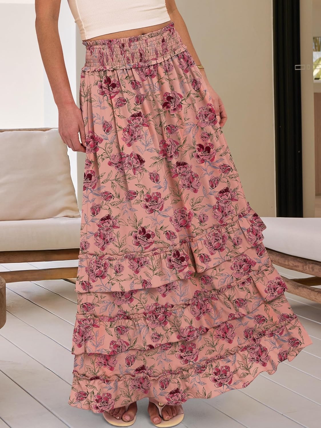 ANRABESS Maxi Skirts for Women Summer Boho Tiered Flowy Elastic High Waist Beach Long Skirt Casual Spring Vacation Outfits - Image 2