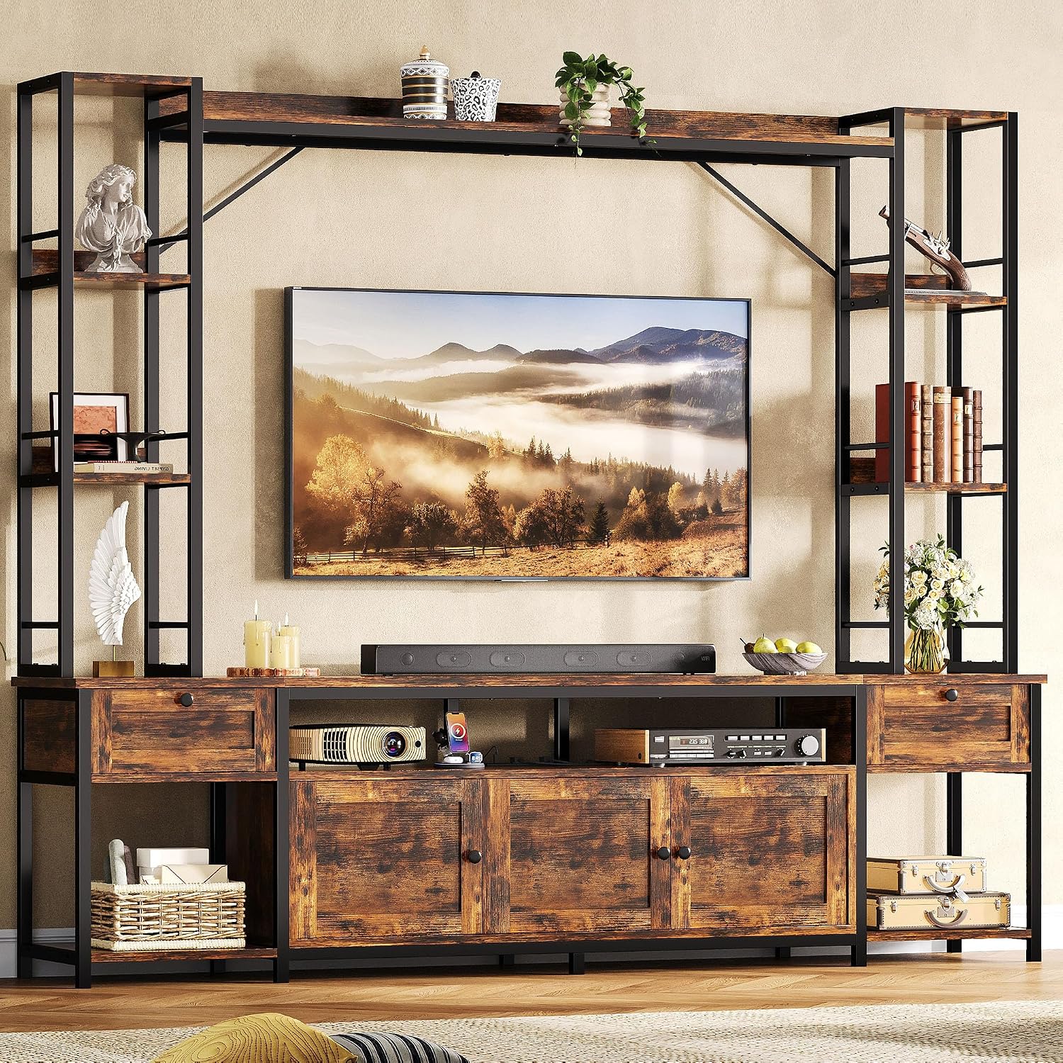IRONCK Entertainment Center, TV Stand for TVs 65 inch with Storage and Power Outlet, Media TV Console with 2 Wood Drawers and 2 Cabinets, TV Stands for Living Room, Vintage Brown