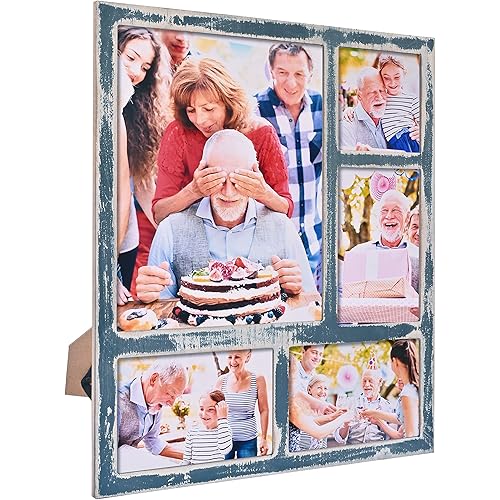 MONT PLEASANT Farmhouse 4X6 Picture Frame with 5 Openings Display Multiple 8X10,Two 4X6 and 4X4 Photos Wood Collage Frame for Wall Mounting or Tabletop Display-Great for Weddings (Blue)