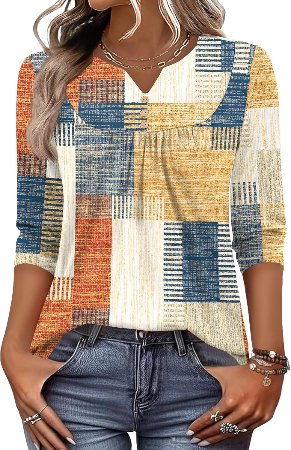 LOMON 3/4 Length Sleeve Womens Tops Dressy Casual Henley V Neck Blouses Loose Fit Tunics 2026 Trendy Summer Outfits