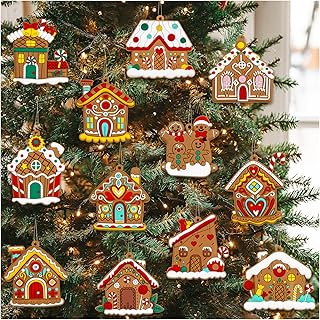 kockuu Gingerbread House Ornaments - 12pcs Christmas Tree Decoration - Plastic, Hanging, Brown, Rustic Gingerbread House, Christmas