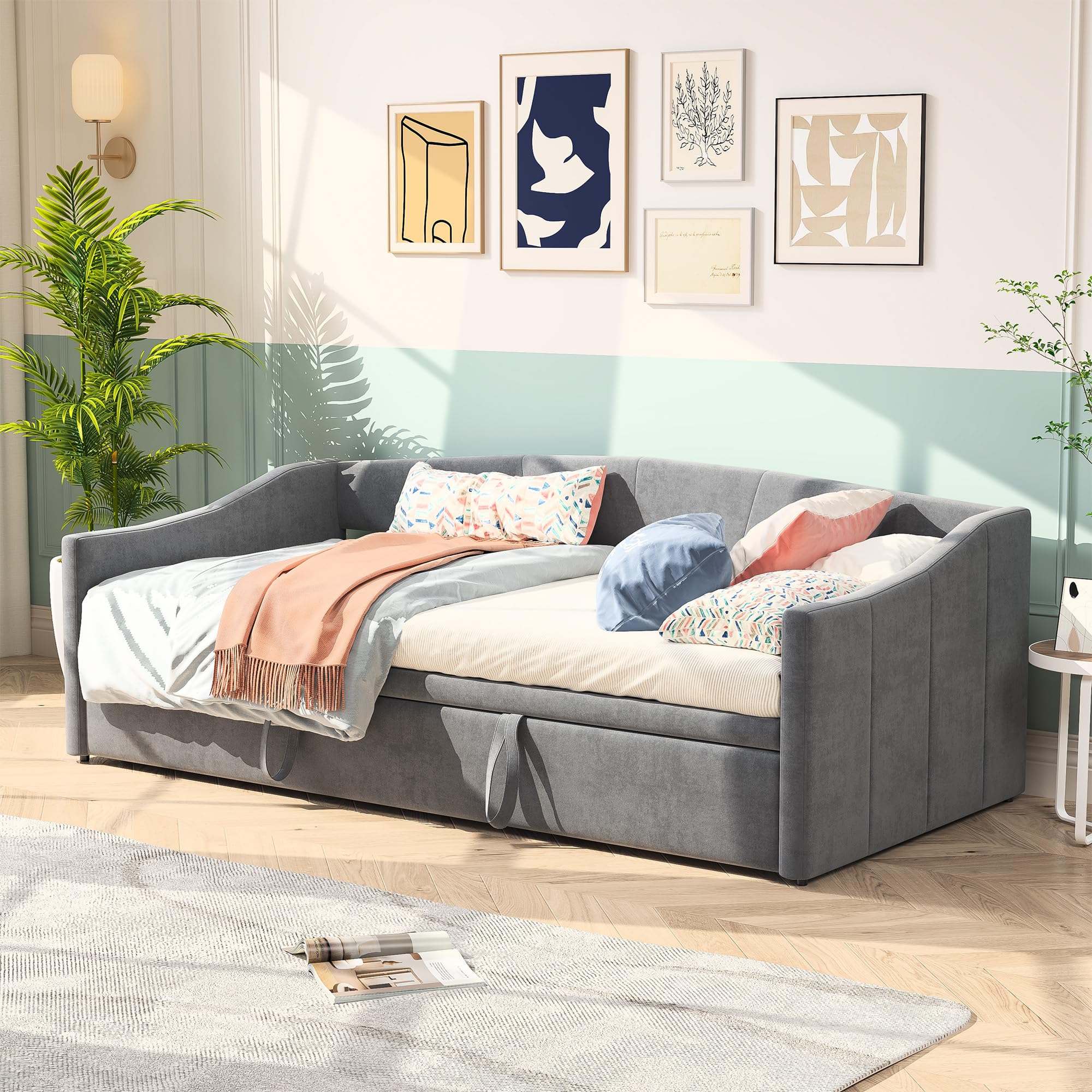 Ausziehbares Tagesbett 90/180x200 cm, Polsterbett Schlafsofa mit ausziehbarem Rollbett & Lattenrost,Schlafcouch Ausziehbar zum Doppelbett, Samt, Beige, Ohne Matratze (Grau-1)