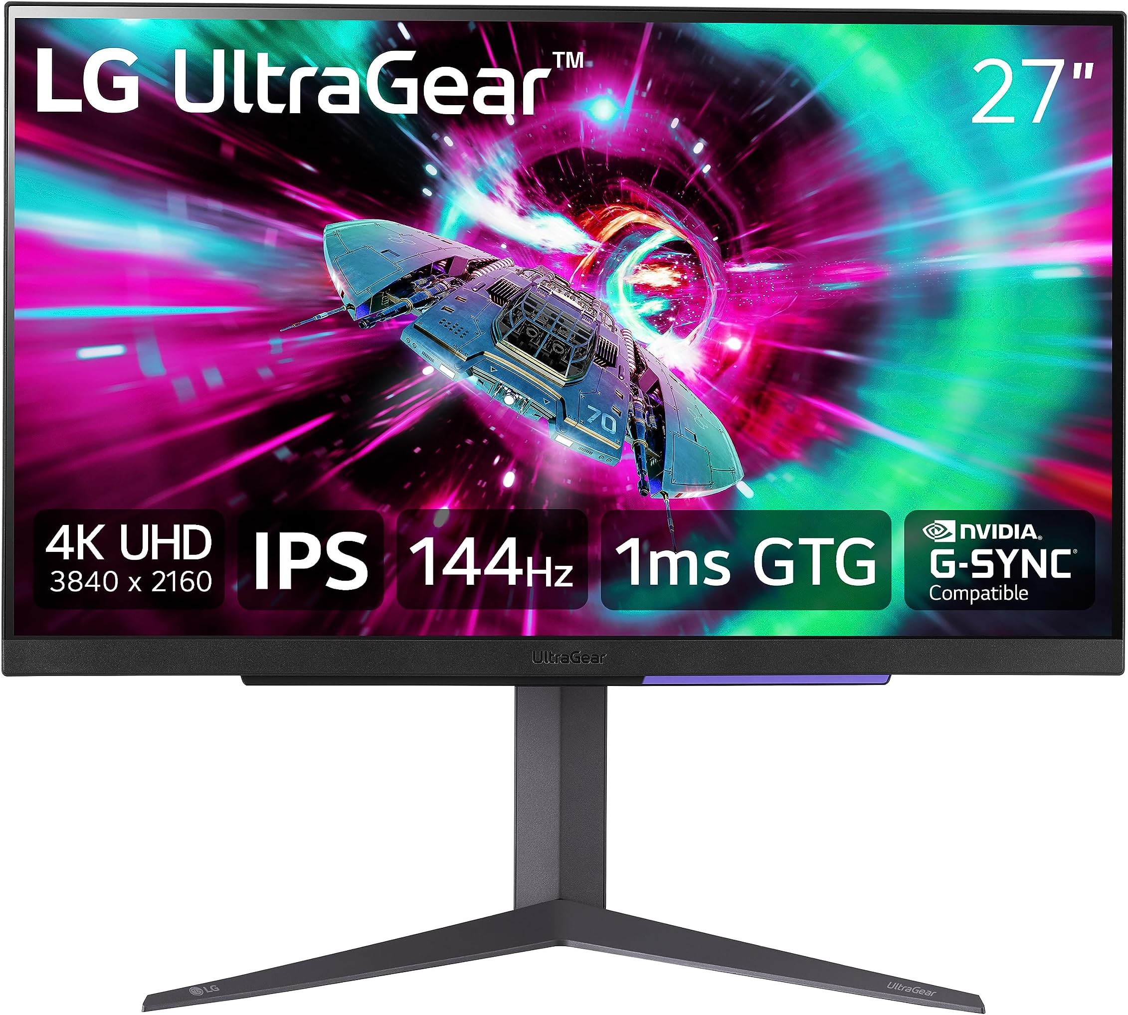 LG 27" Ultragear 4K UHD (3840x2160) Gaming Monitor, 144Hz, 1ms, VESA DisplayHDR 400, G-SYNC and AMD FreeSync Premium, HDMI 2.1, DisplayPort, 4-Pole HP Out DTS HP:X, Tilt/Height/Pivot Stand, Black