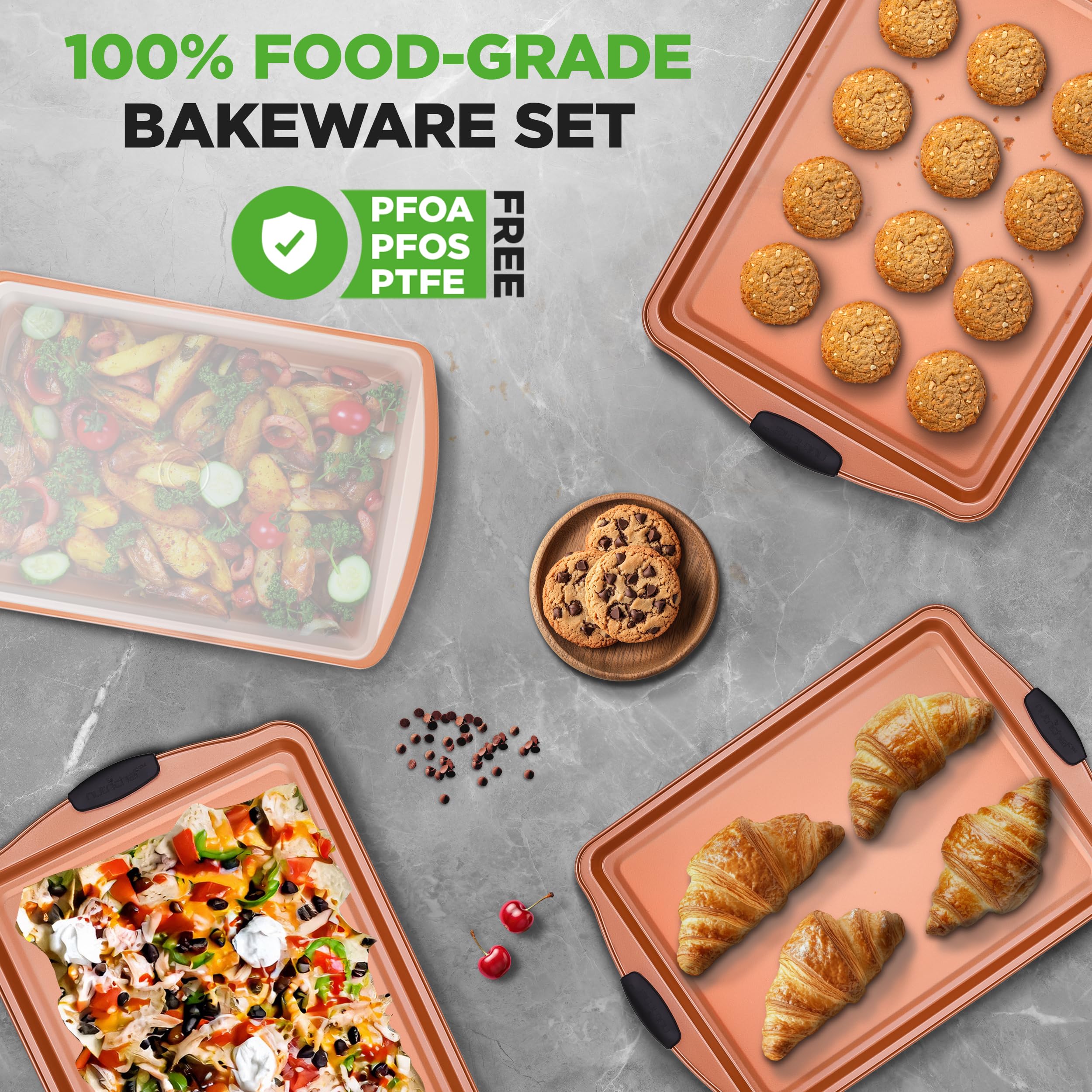 NutriChef 5-teiliges Backformen-Set - Premium Antihaft-Backformen mit Silikongriffen - Inklusive 3 Backblechen, Backform & Deckel - Perfekt für Kuchen, Kekse & Brownies