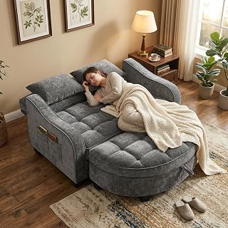 Sofa mit Schlaffunktion, Schlafsofa Klein, 132×129×93cm 2-in-1 Schlafsofa Und Aufbewahrungs-Hocker & 4 Kisse, für Kleine Wohnzimmer, Studienzimmer, Schlafzimmer (Dunkelgrau)