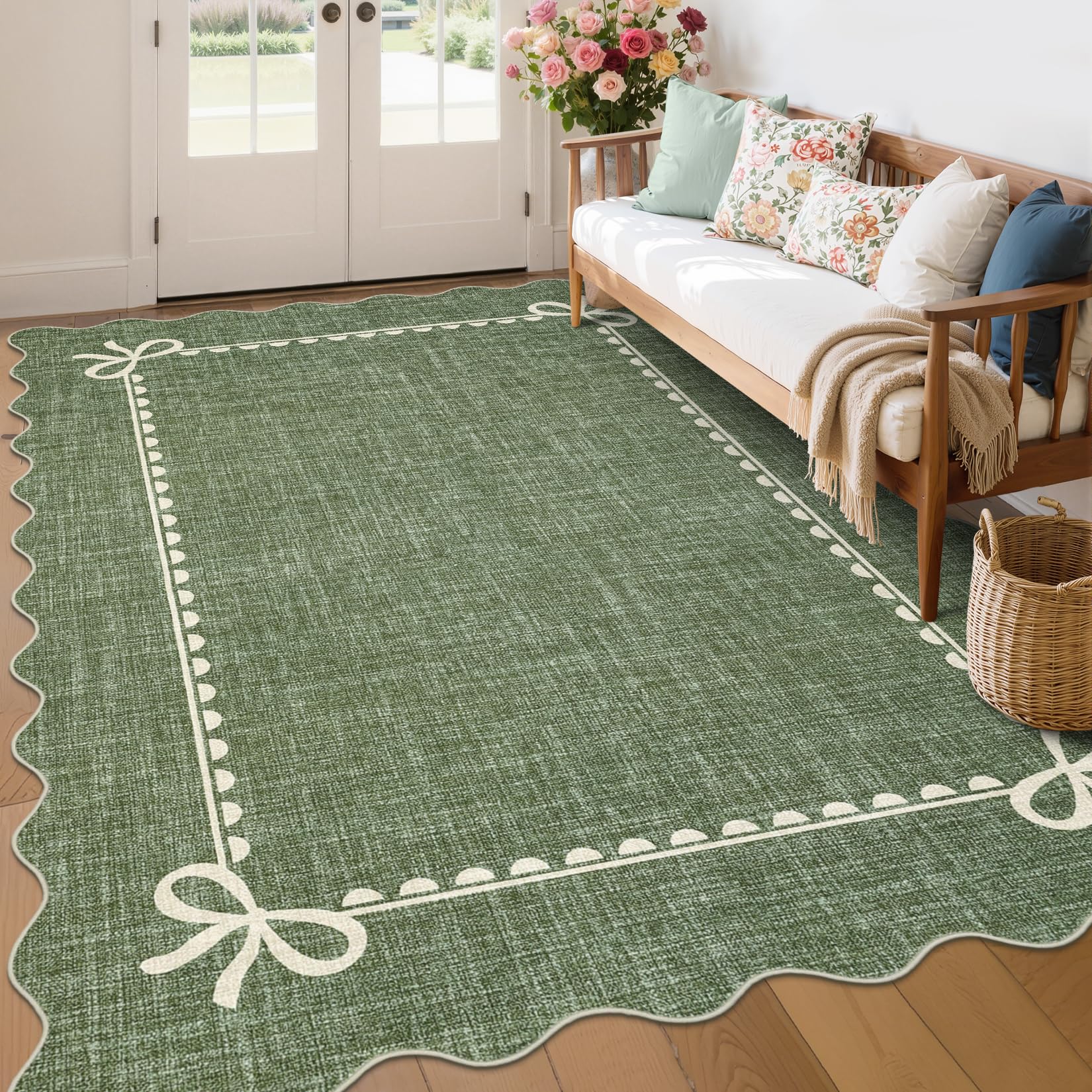 GarveeHome Scalloped Bow Rug for Living Room, Solid Green Rug for Dorm, Washable Rugs 6x9 Soft Low Pile Non Slip Scalloped Rugs for Nursery College