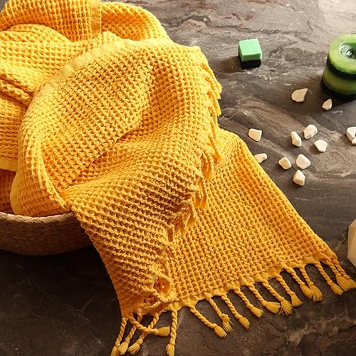 Miniatura 8 de PÜSKÜL - Toallas de gofre para piscina, playa, spa, sauna, gimnasio, toallas originales de 100% algodón turco (Pesthtemal Hammam amarillo mostaza, 5)