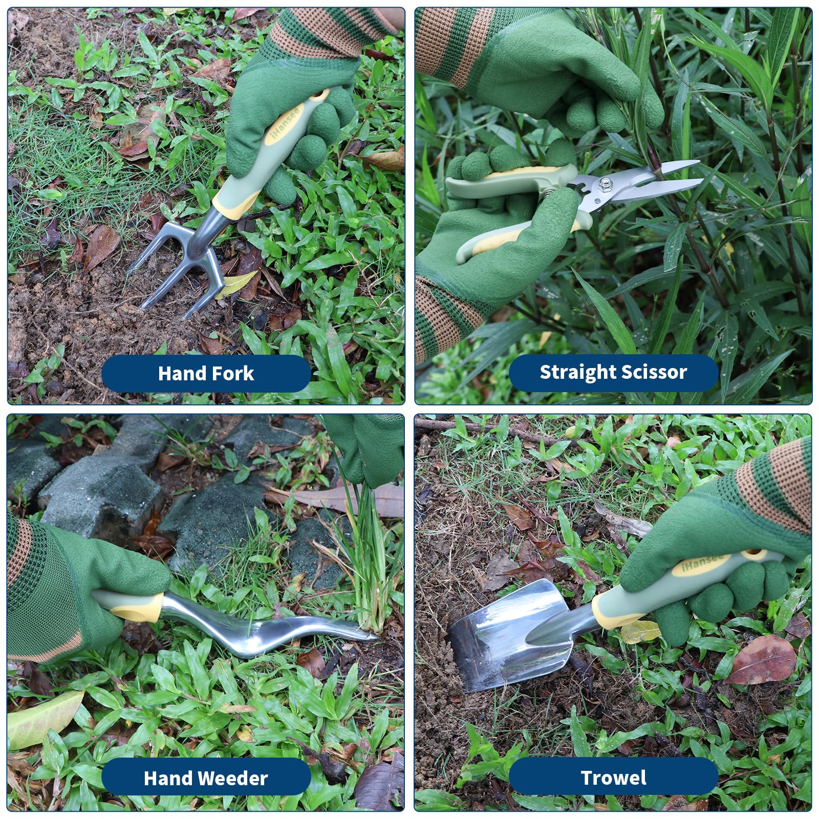 Set di 12 attrezzi da giardino, in alluminio resistente, con manico in gomma antiscivolo, grembiule da giardino, guanti, ginocchiera e borsa portaoggetti, attrezzi da giardino per