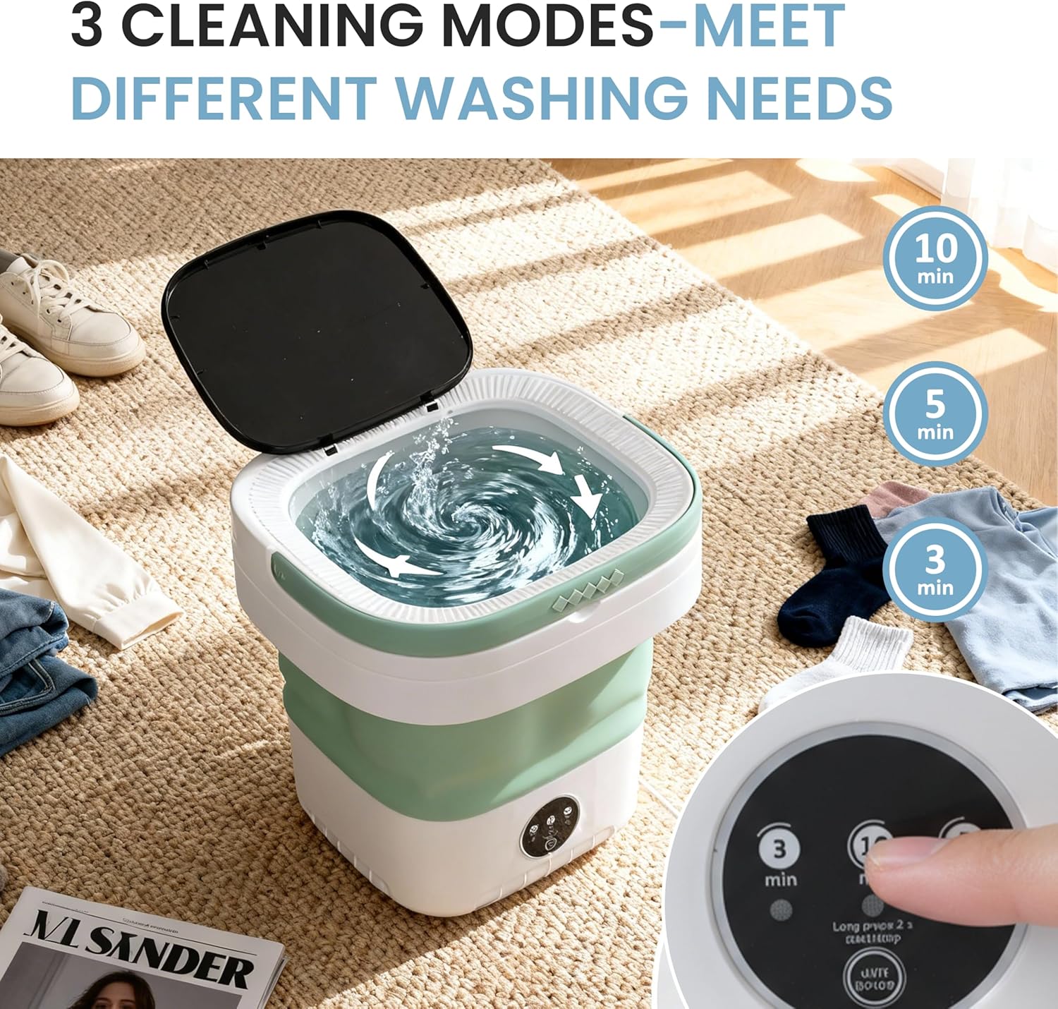 Portable Foldable Washing Machine, 16L Large-Capacity Mini Washer for Baby Clothes, Underwear & Travel Laundry, Lightweight TPE Silicone Washer for Apartments, Dorms & Camping，Green