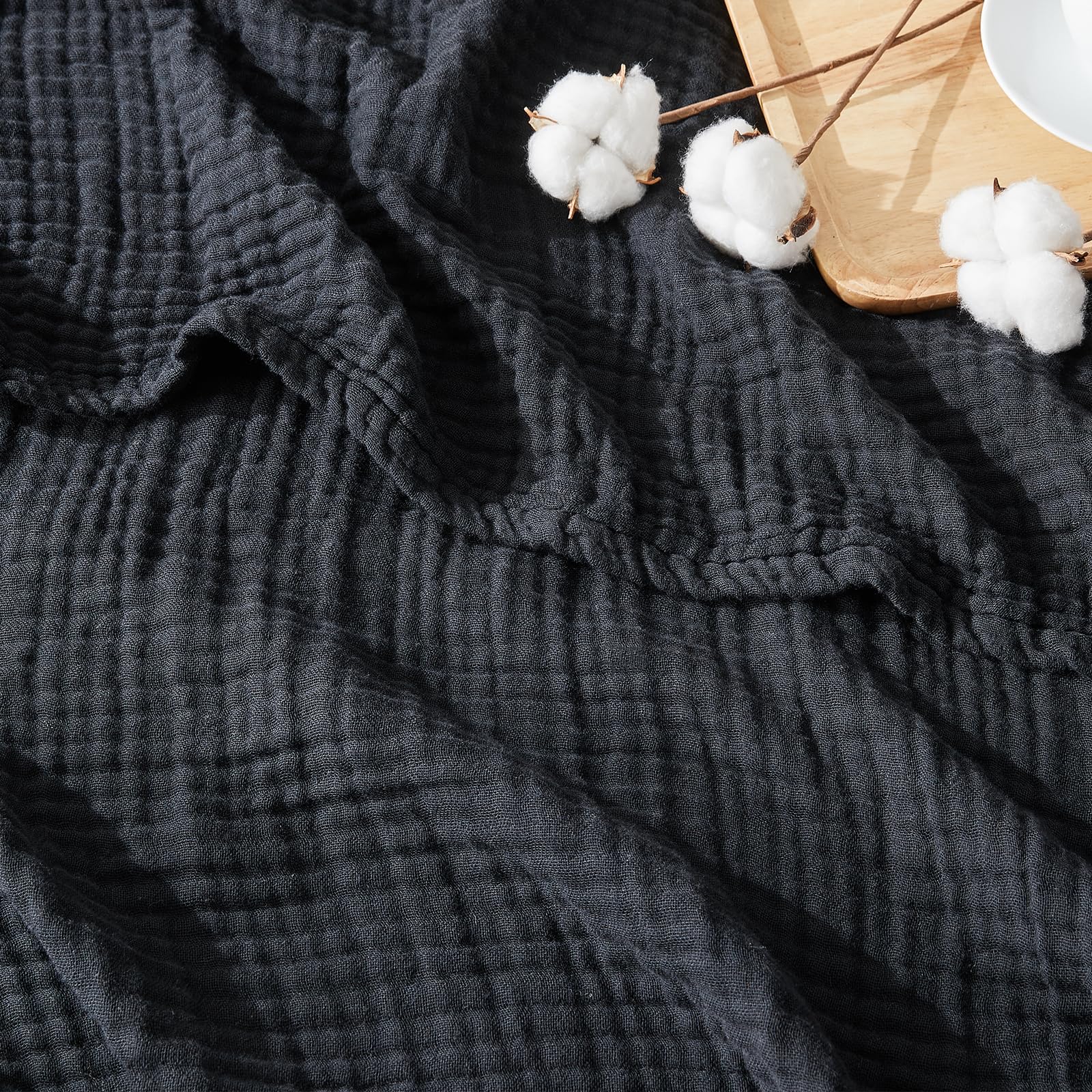 EMME Cotton Muslin Blanket Twin XL - 167x228cm Lightweight Breathable Layering Blanket Bedspread Coverlet All Season Gauze, Black