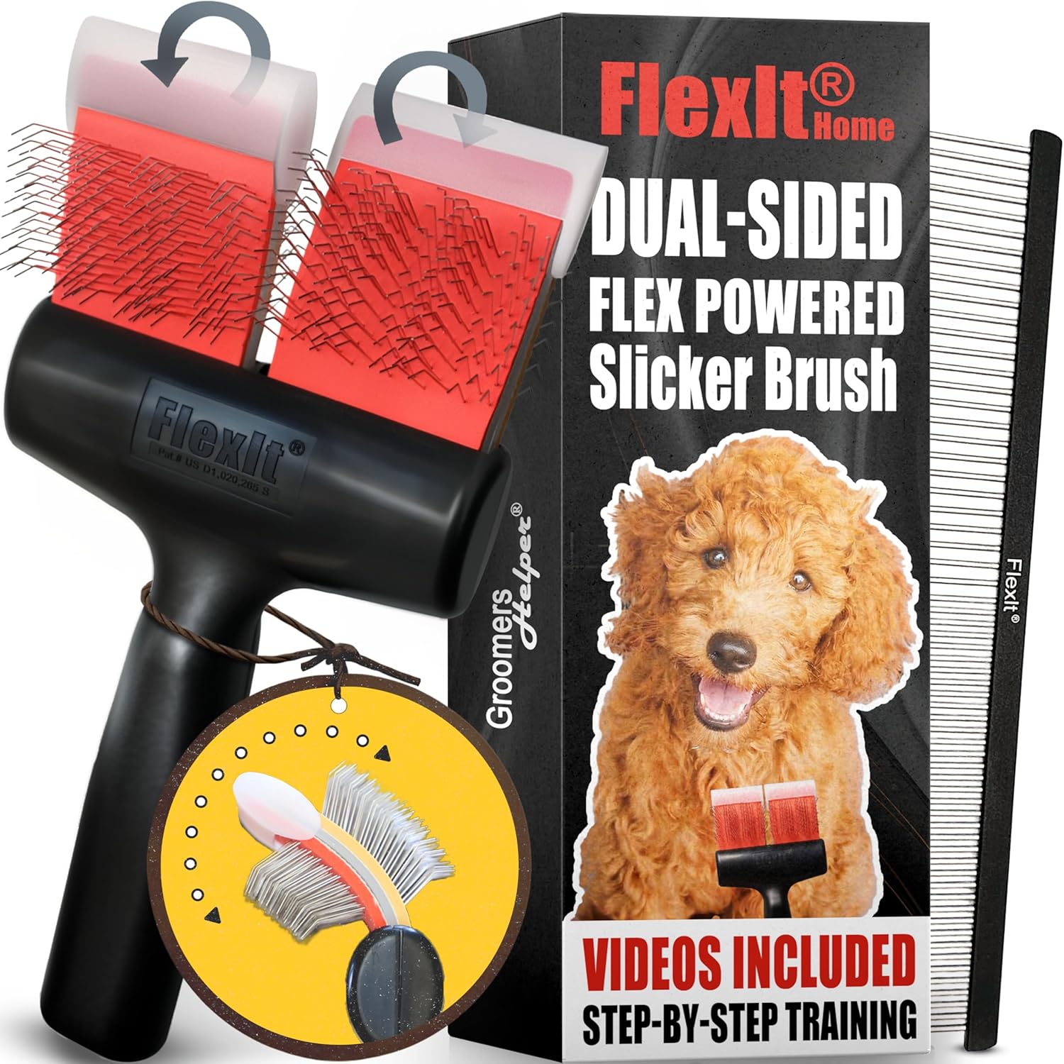 FlexIt Home - Flexible Slicker Brush for Dogs - Dog Grooming Brush for Poodles, Golden Doodles, Huskies, Retrievers, and Labradoodles - Professional 3-in-1 System & Video Trainings (Double, Firm Flex)