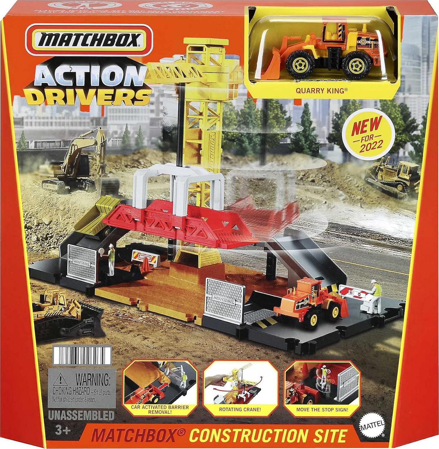 Matchbox Action Drivers Construction Playset box showing contents and features
