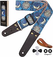 Vista 44 de Nefelibata Correa de guitarra, correas de guitarra de algodón bordadas con extremos de cuero de vaca para bajo, guitarras eléctricas y acústicas