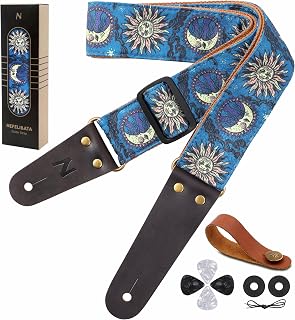 Nefelibata Guitar Strap, Cotton Print Sun Guitar Straps with Head Cowhide Leather Ends for Bass, Electric & Acoustic Guitars, Free Strap Button, 1 Pair Strap Locks and 4 Guitar Picks