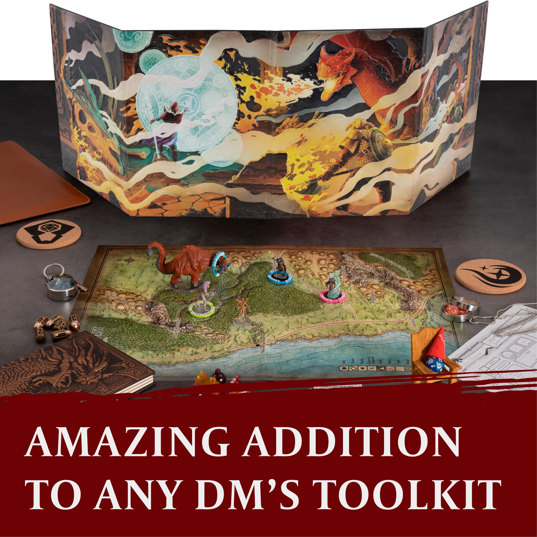 DND DM Screen 5e - D&D Dungeon Master Screen 3D sztuczna skóra z konfigurowalnymi wkładkami - Dungeons and Dragons GM / Game Master akcesoria jako prezent dla mężczyzny lub kobiety. Ukryj swoje rzuty