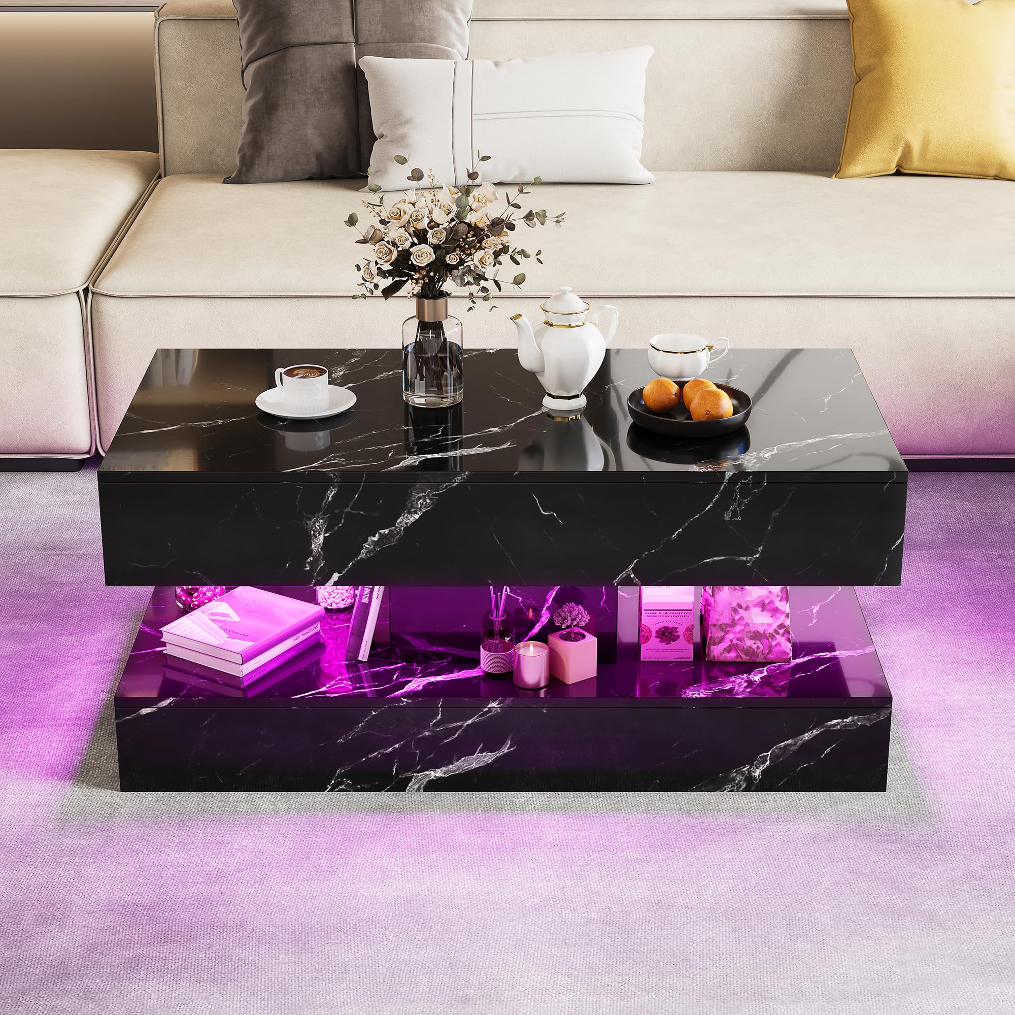 Couchtisch Hochglanz mit Led, Helligkeit und Farbe Einstellbar, Wohnzimmertisch Modern mit Stauraum, Kaffeetisch Wohnzimmer mit Offenem Ausstellungsregal und 2 Schubladen (Schwarz, 100 x 50 cm)
