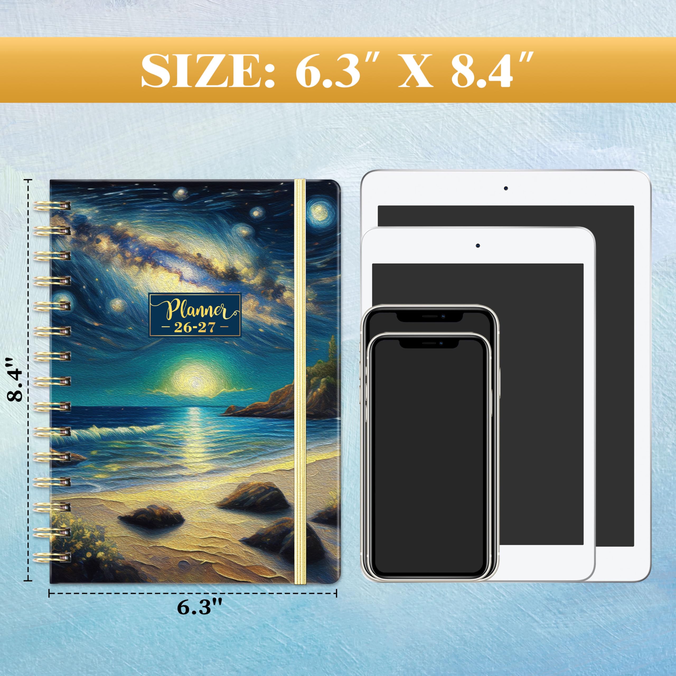 Pinchoco Planer 2025-2026 - Akademischer Planer Juli 2025 - Juni 2026, 21,3 x 16,0 cm, Wochen- und Monatsplaner mit Gummibandverschluss, Klebe-Tabs + Hardcover - Traumendes Meer