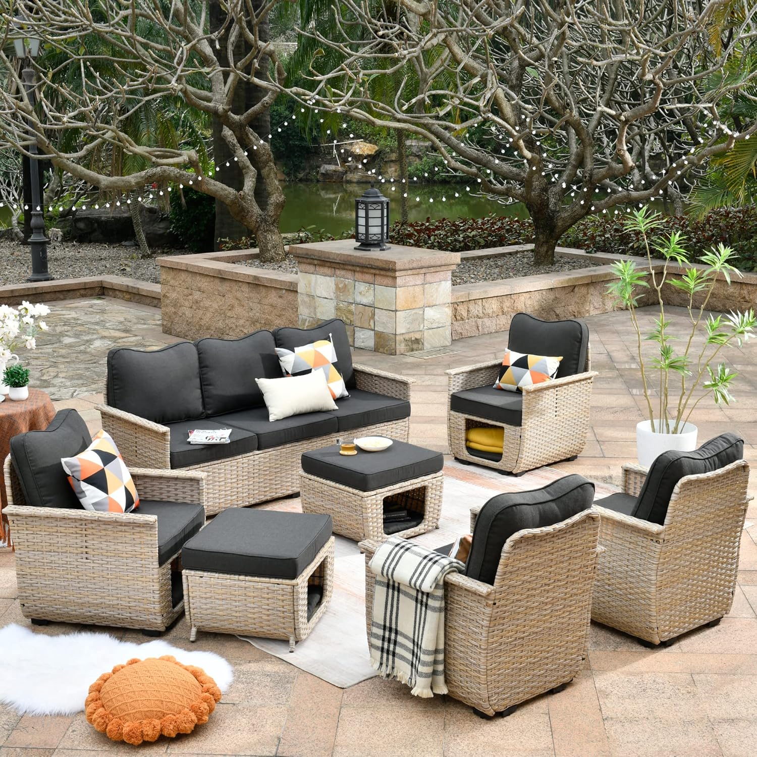 Outdoor Furniture Patio Conversation Set 7 Pieces All Weather PE Wicker Patio Sofa
