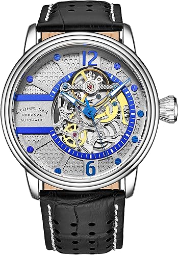Stuhrling Original Reloj para hombre Reloj de vestir automático automático Relojes de esqueleto para hombre Correa de reloj de cuero mecánico