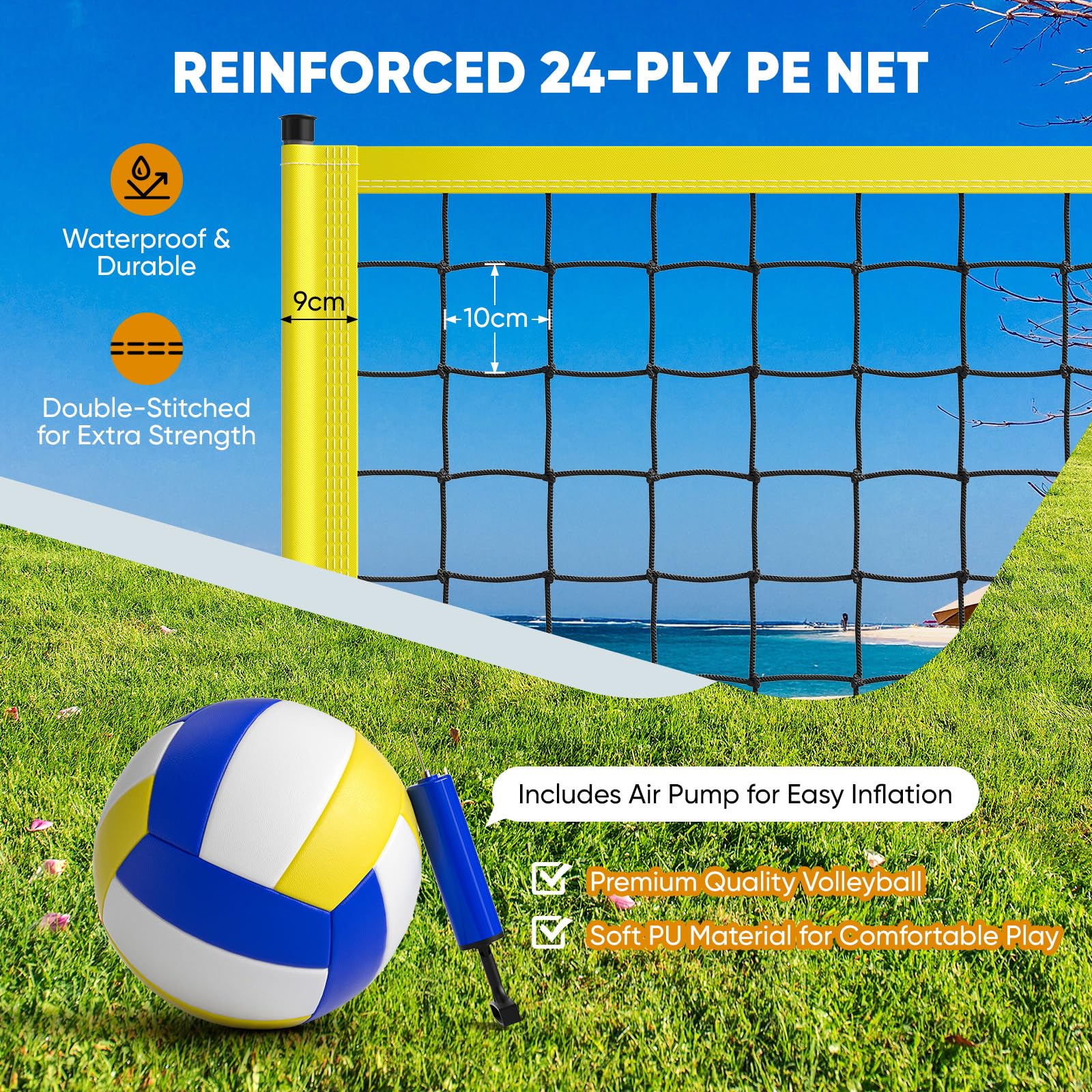 Outdoor Volleyballnetz Set, Höhenverstellbar, Tragbarer Beachvolleyball-Netz mit Ständer, Volleyball, Luftpumpe, Tragetasche