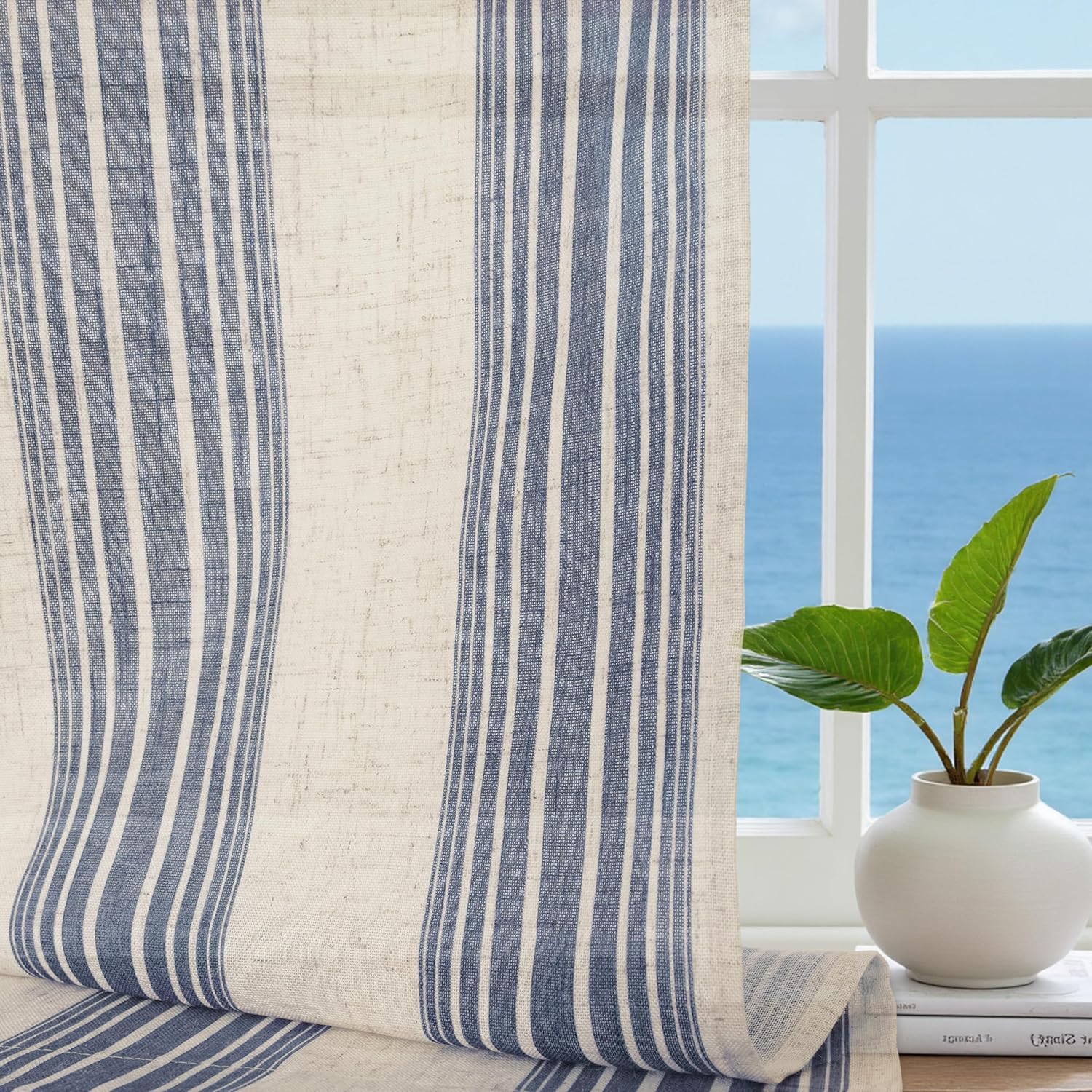 DriftAway Farmhouse Curtains for Living Room Vertical Striped Linen Curtains Semi Sheer Light Filtering Back Tab Rod Pocket Window Treatments, 84 Inches Long, 2 Panels, Jean Navy on Beige