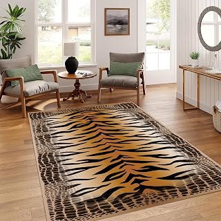 Vintage Tiger Leoparden Print Teppich 180x260cm - Maschinenwaschbar & Rutschfester Bodenbelag - Retro Tierfell Design Teppich für Wohnzimmer, Schlafzimmer, Küche - Wohndeko
