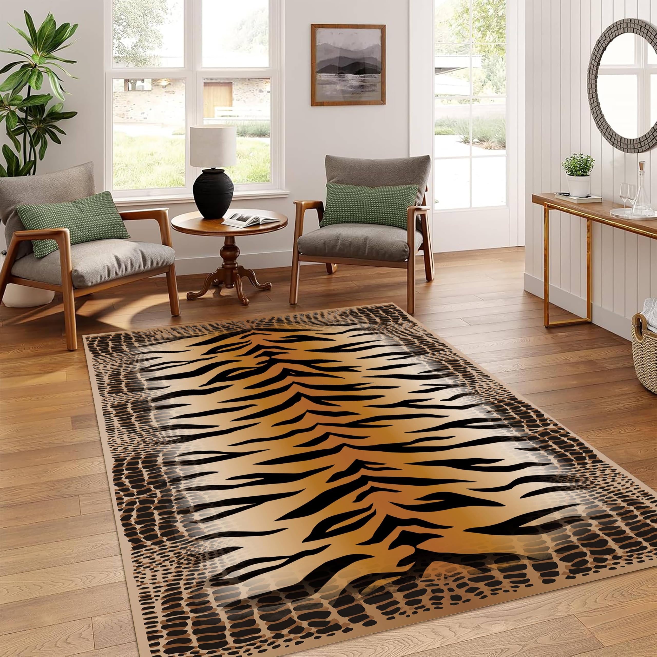 YJDRUG Tiger & Leopard Print Rug 180x2300cm, Non-Slip Machine Washable Faux Fur Carpet, Vintage Animal Skin Design Indoor Area Rug for Living Room, Bedroom & Kitchen