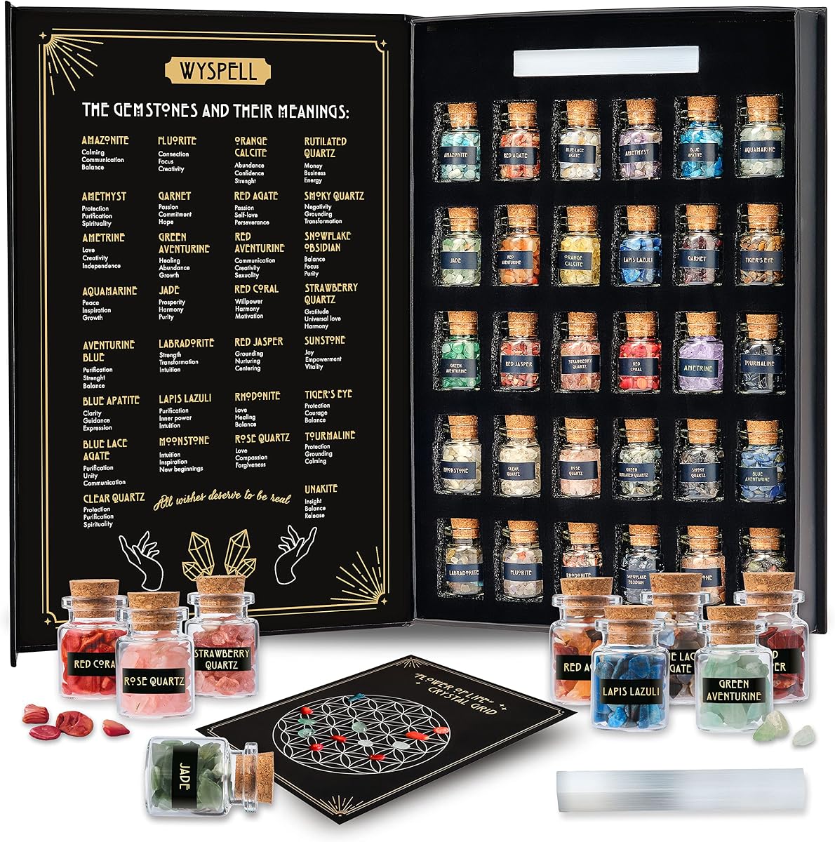 Cristales curativos en frascos de hechizos 30 PCS - Mini piedras preciosas de brujería real | Cristales y piedras naturales para brujería y decoración - con barra de selenita - Regalos espirituales - Suministros y herramientas Wiccan
