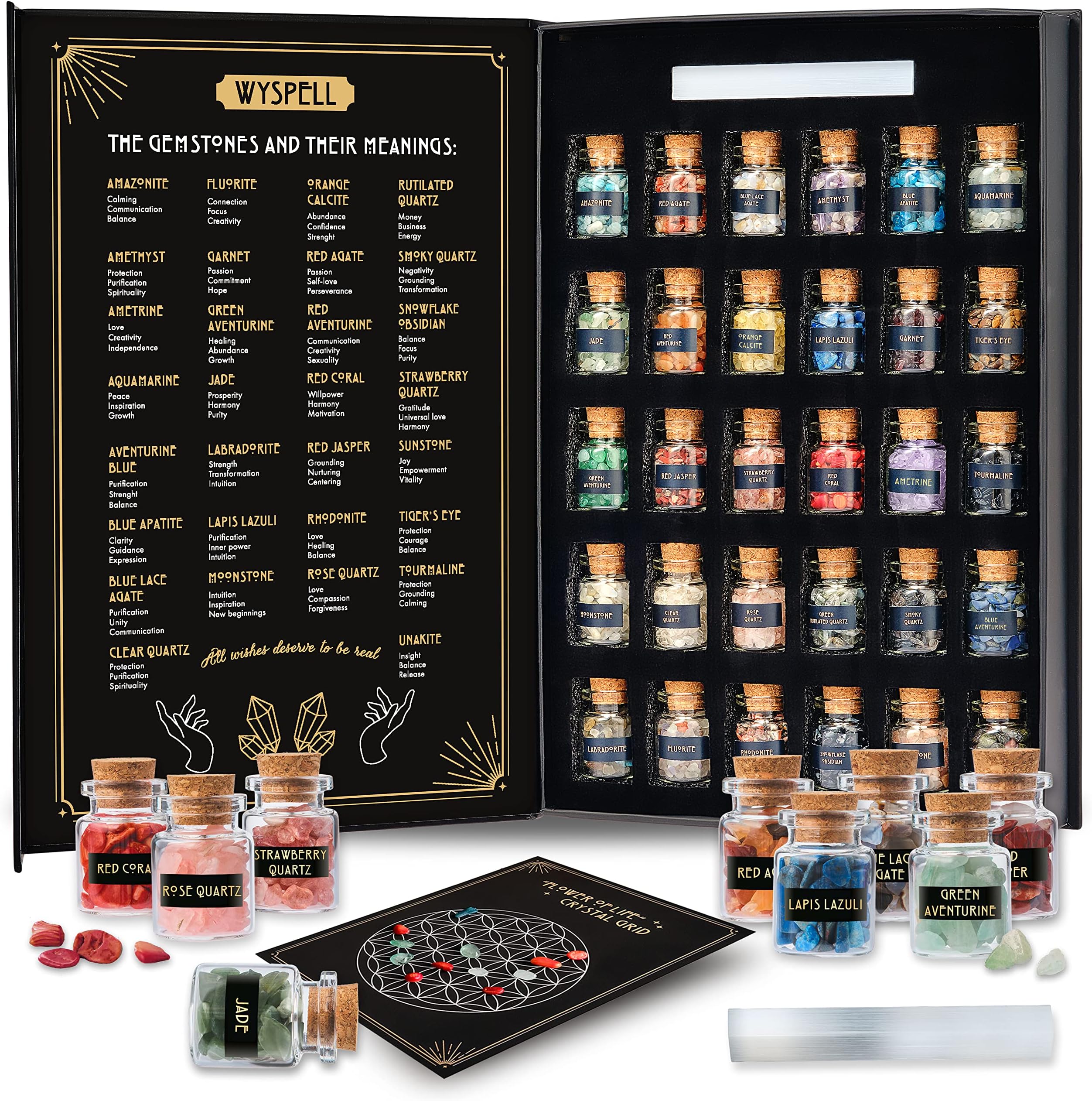 Wyspell Crystals for Witchcraft in Jars 30 PCS - Real Witch Crystals in a Bottle - Altar Witchcraft Crystals and Healing Stones - Crystal Witchcraft Supplies - Mini Gemstones - Wiccan Supply Tool