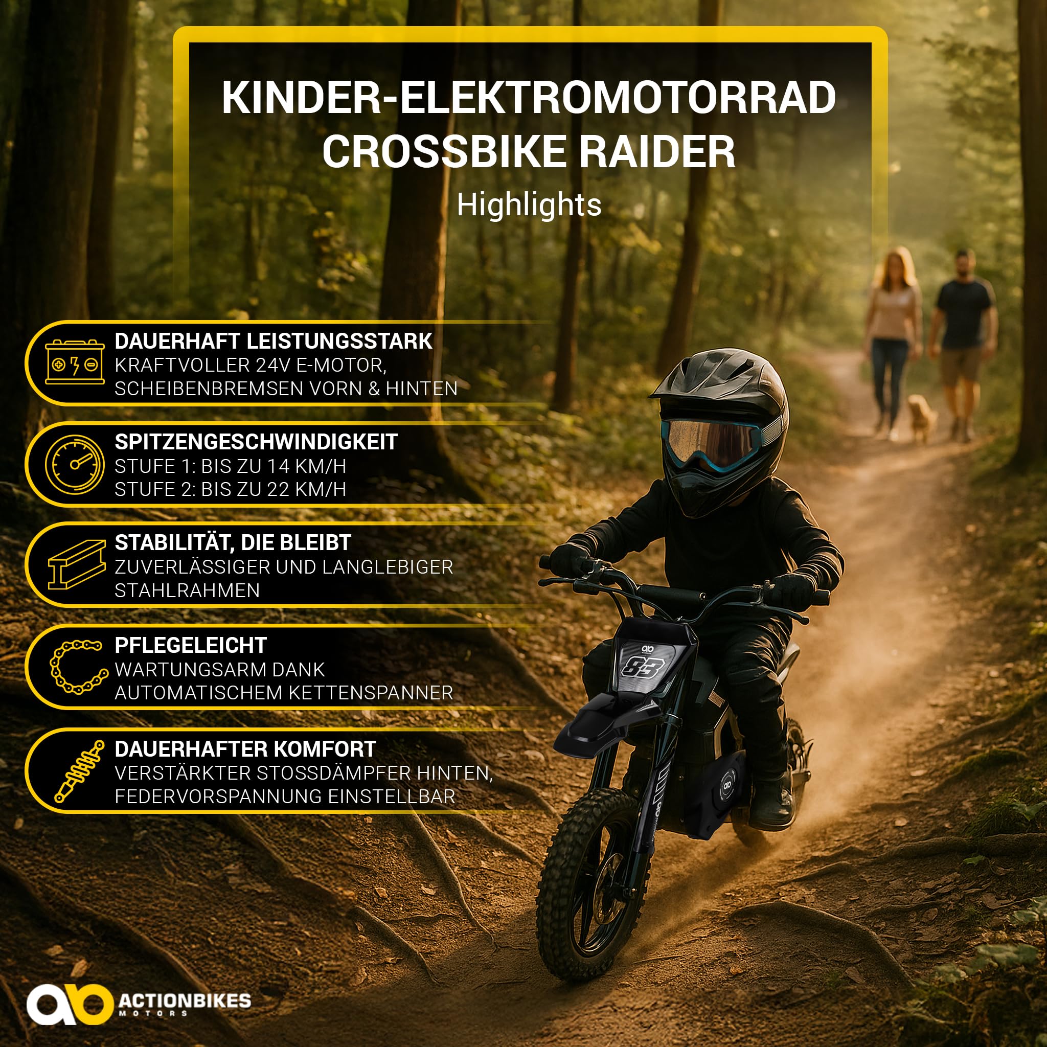 Actionbikes Motors Elektro Motorrad Kinder | 𝟐𝟒 Volt 𝟐𝟓𝟎 Watt Motor bis 𝟐𝟐 km/h | E Bike | Dirt Bike | Electric Bike | Motocross | Pocketbikes | Pocketbike | Dirtbike ab 8 Jahren (Schwarz)